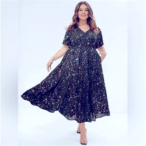 BloomChic Dresses & Skirts - Bloomchic Navy and Gold Stars Flutter Sleeve Maxi Dress w Pockets Size 30 NWT